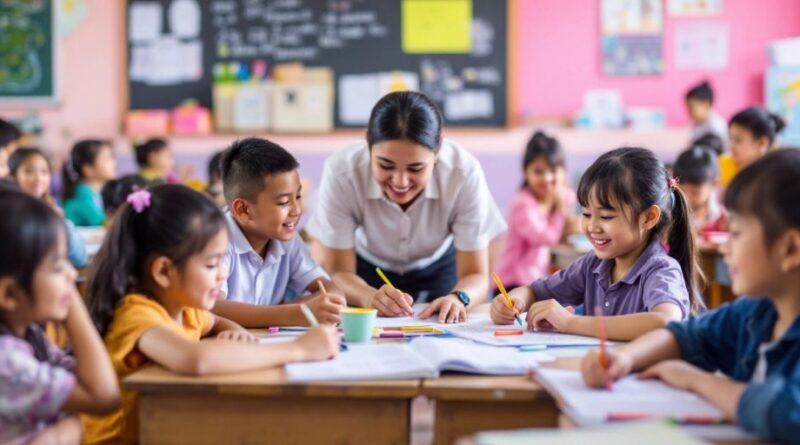 Kelas dinamis dengan siswa belajar dan guru berinteraksi.