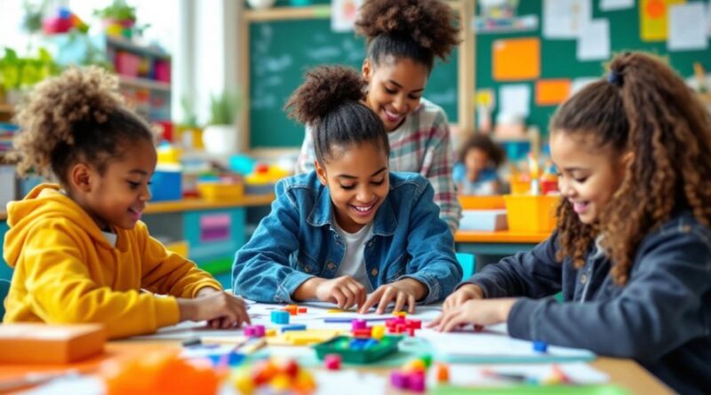 Kelas yang ceria dengan siswa terlibat dalam pembelajaran aktif.