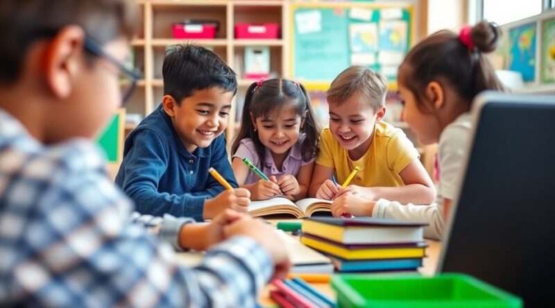 Anak-anak belajar bersama di kelas yang ceria.