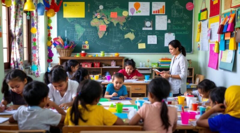 Kelas yang ramai dengan siswa dan guru di Indonesia.