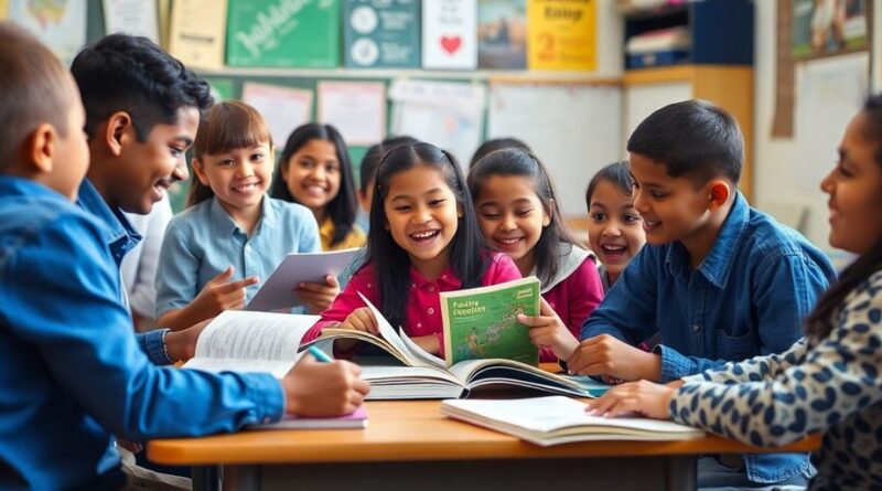 Siswa bersemangat belajar dengan buku dan alat tulis.