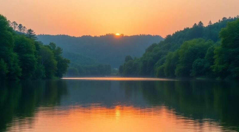 Pemandangan sunrise di atas danau yang tenang.