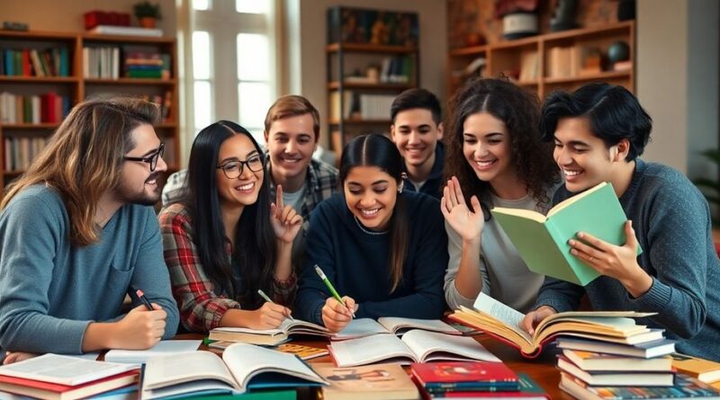 Sekelompok siswa belajar bersama dengan semangat.